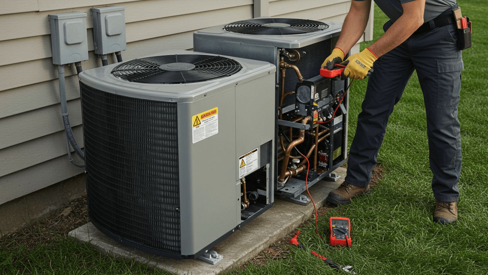 Homeowner changing an air filter near a wall thermostat